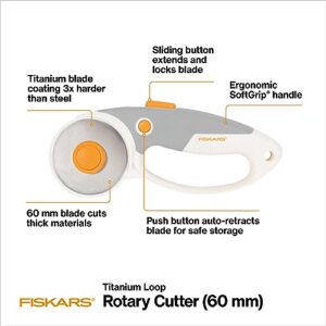 Fiskars 60mm Rotary Cutter for Fabric – Titanium Rotary Cutter Blade – Craft Supplies – Crafts, Sewing, and Quilting Projects – White
