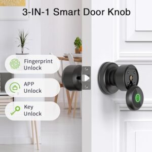 GHome Smart Door Knob Fingerprint Door Lock, Biometric Smart Lock for Bedroom Door, App Control, Emergency Type-C Charging, Great for Home, Offices, Hotels, Apartments, Garages, Matte Black