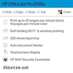 HP OfficeJet Pro 8135e All-in-One Printer, Color, Printer for Home, Print, Copy, scan, fax, Instant Ink Eligible; Automatic Document Feeder; Touchscreen; Quiet Mode; Print Over VPN