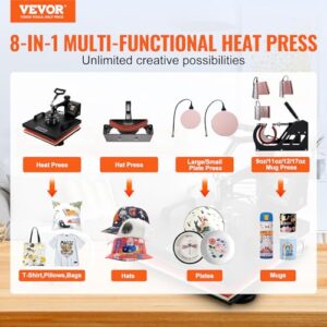 VEVOR Heat Press Machine 8 in 1 Combo Heat Press 15×15 Inch Heat Transfer Machine 360-Degree Swing Away Digital Tshirt Press Multifunction Heat Transfer Sublimation for T Shirts Mugs Hats Plates Caps
