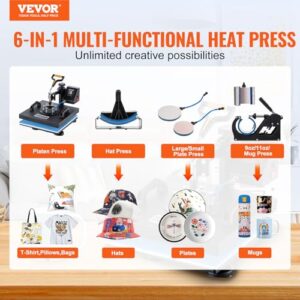VEVOR Heat Press Machine 6 in 1 Combo Heat Press 15 x 15 Inch Heat Transfer Machine 360-Degree Swing Away Digital Shirt Printing Multi-function Heat Transfer Sublimation for T Shirts Mug Hat Plate Cap