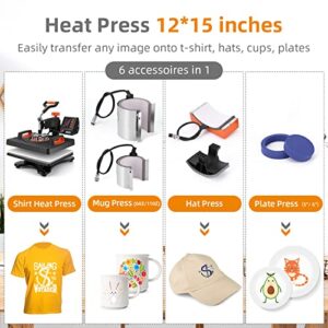 Heat Press Machine 12 x 15 Inch Heat Press 6 in 1 T-Shirt Printing Machine Heat Transfer Digital Sublimation Printer Machine 360 Degree Swing Away for T Shirts Mug Hat Plate Cap
