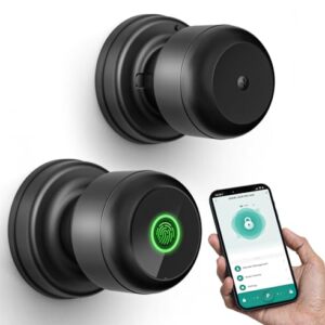 GHome Smart Door Knob Fingerprint Door Lock, Biometric Smart Lock for Bedroom Door, App Control, Emergency Type-C Charging, Great for Home, Offices, Hotels, Apartments, Garages, Matte Black