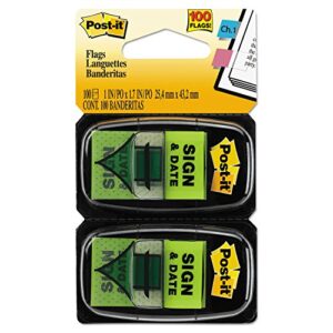 Post-it “Sign and Date” Flags, 50/Dispenser, 2 Dispensers/Pack, 1 in Wide, Bright Green (680-SD2)