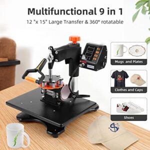 Heat Press Machine 12 x 15 Inch 9 in 1 Heat Press 800W Sublimation Machine 360° Rotation Swing Away Shirt Printing Machine Dual-Tube Heating for DIY T-Shirt, Hat, Mug, Plate