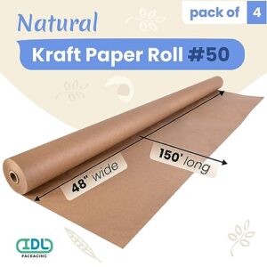 IDL Packaging 48″ x 1800″ (150 feet) – Brown Kraft Paper Roll (Pack of 4) – 50lb Thickness – Heavy-Duty Paper for Packing, Moving, Shipping, Crafts – 100% Recyclable Natural Kraft Wrapping Paper