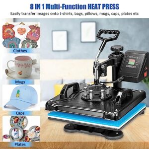 Heat Press Machine for Tshirts, 8 in 1 Heat Transfer Machine, 12″ X 15″ Digital Industrial Sublimation Heat Printing Combo with 360 Degree Rotation Swing Away for T-Shirt Hat Cap Mug