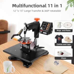 Heat Press Machine, 11 in 1 Professional Sublimation Machine 12″ X 15″, 360° Swing Away Shirt Printing Heat Transfer Machine Digital Industrial-Quality Shirt Pressing Machine for Tshirt,Hat,Mug,Plate