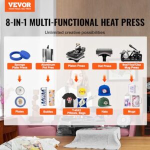 VEVOR Heat Press Machine 8 in 1 Combo – 15×15 Tshirt Press Machine with Tumbler Press, 360° Swing Away Digital Multifunction Heat Transfer Sublimation for Printing T Shirts Mug Hat Plate Cap, Black