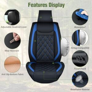 Nilight Car Seat Covers Waterproof Breathable Faux Leather Cushions Anti-Slip Universal Seat Covers for Kia Civic Corolla Hyundai Honda Camry CR-V RAV4 Fusion SUV Truck (2 PCS Front Seat, Black-Blue)