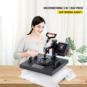 VEVOR Heat Press, 5 in 1 Heat Press Machine 15×15, 1050W Sublimation Transfer Printer with Teflon Coated, Fast&Even Heating, Digital Precise Temperature Control, for T Shirts Mug Cap Plate, Black