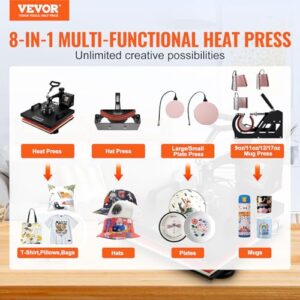 VEVOR Heat Press 15×15 Inch, 8 in 1 Heat Press Machine with Tumbler Press Hat Press, Swing Away T Shirt Pressing Machine, Digital Heat Press Transfer Machine Sublimation for T-Shirt Hat Cap Mug Plate