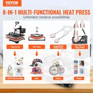 VEVOR Heat Press 15×12 Inch, 8 in 1 Heat Press Machine with Tumbler Press Hat Press, Swing Away T Shirt Pressing Machine, Digital Heat Press Transfer Machine Sublimation for T-Shirt Hat Cap Mug Plate