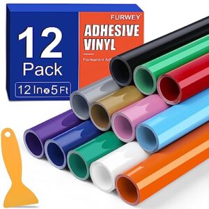 FURWEY Permanent Vinyl for Cricut-12 Pack 12 Inch by 5 Feet Permanent Vinyl Rolls, Adhesive Vinyl for Cutting Machines, Signs, Scrapbooking, Craft, Die Cutters