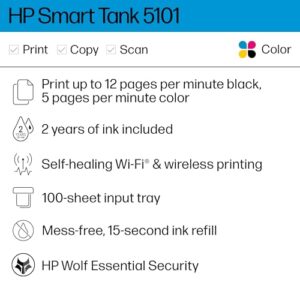HP Smart Tank 5101 Wireless All-in-One Ink Tank Printer with 2 years of ink included, Print, scan, copy, Best for home, Refillable ink tank (1F3Y0A)