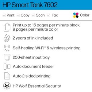 HP Smart Tank 7602 Wireless All-in-One Ink Tank Printer with 2 years of ink included, Print, scan, copy, fax, Best for home, Refillable ink tank (28B98A)
