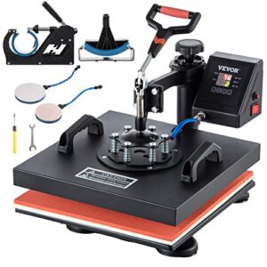 VEVOR Heat Press, 5 in 1 Heat Press Machine 15×15, 1050W Sublimation Transfer Printer with Teflon Coated, Fast&Even Heating, Digital Precise Temperature Control, for T Shirts Mug Cap Plate, Black