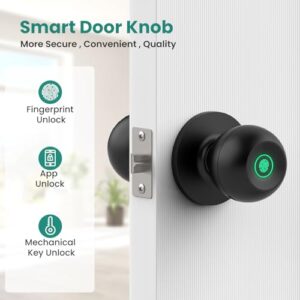 GHome Smart Fingerprint Door Lock, Door Knob with App Smart Lock for Bedroom Door, Keyless Entry, Type-C Port Emergency Charging, Biometric Lock Great for Room, Garage, Office, Apartment (Matt Black)