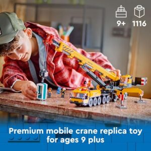 LEGO City Yellow Mobile Construction Crane Toy Set for Boys and Girls, Long Extendable Boom and 4 Worker Minifigures Included for Imaginative Role Play, Construction Toy Birthday Gift for Kids, 60409