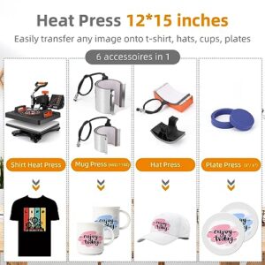 Heat Press Machine, 12 X 15 inch, 6 in 1 Heat Press, 800W Sublimation Machine, 360° Rotation Swing-Away Heat Press, Dual-Tube Heating Printing for DIY T-Shirts Cap Mugs