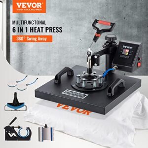 VEVOR Heat Press Machine – 6 in 1 Combo Heat Press Sublimation Machine for DIY T-Shirts/Hats/Mugs/Heat Transfer Projects, 15×15 Multifunction Swing Away Heat Press with 360° Rotation(Color May Vary)