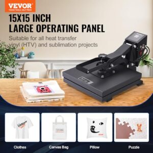 VEVOR Heat Press, 15×15 Power Heat Press Machine, Fast Heating, High Pressure Heat Press Machine for T-Shirt, Digital Industrial Sublimation Printer for Heat Transfer Vinyl, Easy to Use, Black