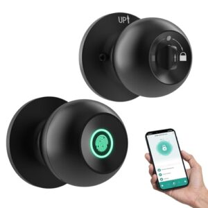 GHome Smart Fingerprint Door Lock, Door Knob with App Smart Lock for Bedroom Door, Keyless Entry, Type-C Port Emergency Charging, Biometric Lock Great for Room, Garage, Office, Apartment (Matt Black)