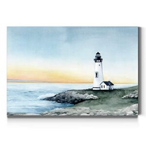 Landscape Style Canvas Wall Art: Rustic Italian, Modern Countryside, Romantic Mediterranean, Neutral Oceans Sailing Ships, Lighthouses & Beach Abstract Art Ready to Hang – Lighthouse Bay II 24X36