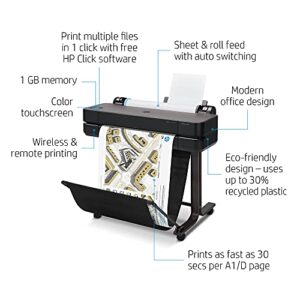 HP DesignJet T630 Large Format Wireless Plotter Color Printer – 24″, with Auto Sheet Feeder, Media Bin & Stand (5HB09A),Black