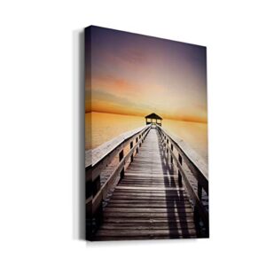 Renditions Gallery Sunset Pier Beach Hut Wall Art, Relaxing Ocean Artwork, Portrait Decor, Colorful Dusk Decorations, Premium Gallery Wrapped Canvas, Ready to Hang, 32 in H x 48 in W, Made in America