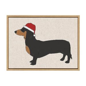 Kate and Laurel Sylvie Dachshund Through The Snow Framed Canvas Wall Art by Jake Goossen, 18×24 Natural, Cute Christmas Wiener Dog Art for Wall