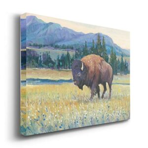 Renditions Gallery Bison and Mountain Wall Art, American Bison Landscape, Purple, Brown, Yellow, Colorful Premium Gallery Wrapped Canvas Decor, Ready to Hang, 24 In H x 36 In W, Made in America Print