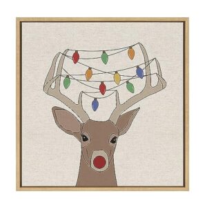 Kate and Laurel Sylvie Get Lit This Christmas Framed Canvas Wall Art by Jake Goossen, 22×22 Natural, Christmas Reindeer Art for Wall