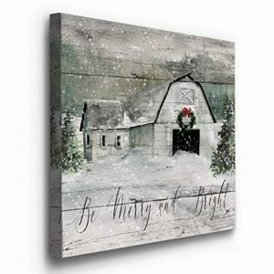 Renditions Gallery Be Merry and Bright Wall Art, Cute Christmas & Winter Artwork, Festive Barn, Faux Wood Look, Premium Gallery Wrapped Canvas Decor, Ready to Hang, 32 in H x 32 in W, Made in America