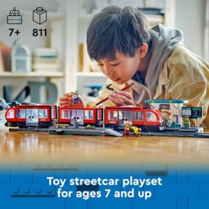 LEGO City Downtown Streetcar and Station Tolley Playset for Toy Train Fans Ages 7 and Up, Fun Gift for Kids who Love Vehicle Toys, Includes 6 Minifigures and a Guide Dog Figure for Role Play, 60423