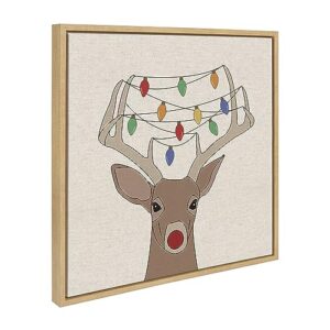 Kate and Laurel Sylvie Get Lit This Christmas Framed Canvas Wall Art by Jake Goossen, 22×22 Natural, Christmas Reindeer Art for Wall