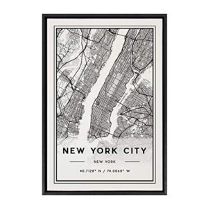 Kate and Laurel Sylvie New York City Modern Map Framed Linen Textured Canvas Wall Art by Jake Goossen, 23×33 Black, Geographical Map for Wall