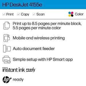 HP DeskJet 4155e Wireless Color Inkjet Printer, Print, scan, copy, Easy setup, Mobile printing, Best-for home, 3 months of Instant Ink included,white