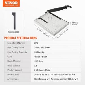 VEVOR Paper Cutter, Guillotine Trimmer, 18″ Cut Length, 20 Sheets Capacity, Heavy Duty Guillotine Paper Cutter with Guard Rail/Blade Lock for Cardstock/Cardboard, Paper Trimmer for Home Office School