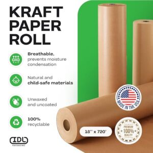 IDL Packaging 18″ x 8640″ (720 feet) – Brown Kraft Paper Roll for Heavy Duty – 50lb Thickness – Paper for Packing, Moving, Shipping, Crafts – 100% Recyclable Natural Kraft Wrapping Paper