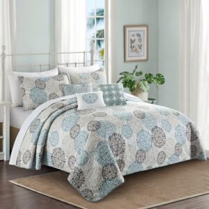 Home Soft Things 6 Piece Marina Medallion Printed Microfiber Quilts Coverlet Set Queen 90″ x 90″, Cameo Blue (Beige Brown Blue), Soft Lightweight Reversible Bedspread Bedding Set for All Season