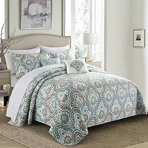Home Soft Things Tivoli Ikat Queen Size 90″ x 90″ 5 Piece Teal Aqua Printed Prewashed Quilted Coverlet Bedspread Bed Cover Set for All Season, Lightweight Quilt Blanket with Matching Shams Pillows