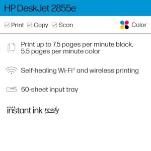 HP DeskJet 2855e Wireless All-in-One Color Inkjet Printer, Scanner, Copier, Best-for-home, 3 months of ink included (588S5A)
