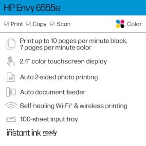 HP Envy 6555e Wireless All-in-One Color Inkjet Printer, Print, scan, Copy, Duplex Printing Best-for-Home, 3 Months of Ink Included (714N5A)