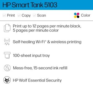 HP Smart Tank 5103 Wireless All-in-One Ink Tank Printer with 2 Years of Ink and 100sheets of Photo Paper Included, Print, scan, Copy, Best-for-Home, Refillable Ink Tank(5D1B2A)