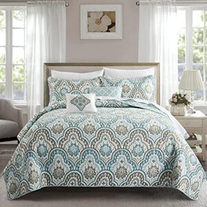 Home Soft Things Tivoli Ikat Queen Size 90″ x 90″ 5 Piece Teal Aqua Printed Prewashed Quilted Coverlet Bedspread Bed Cover Set for All Season, Lightweight Quilt Blanket with Matching Shams Pillows