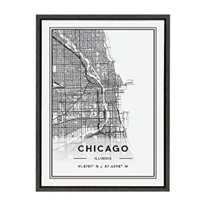 Kate and Laurel Sylvie Chicago Modern Map Framed Canvas Wall Art by Jake Goossen, 18×24 Gray, Decorative Map Art for Wall