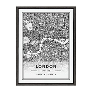 Kate and Laurel Sylvie London Modern Map Framed Canvas Wall Art by Jake Goossen, 18×24 Gray, Decorative Map of London for Wall