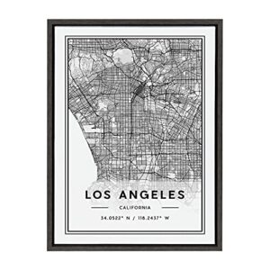 Kate and Laurel Sylvie Los Angeles Modern Map Framed Canvas Wall Art by Jake Goossen, 18×24 Gray, Decorative Map Art for Wall