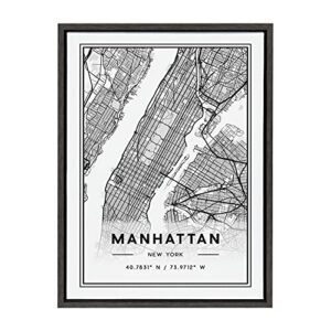 Kate and Laurel Sylvie Manhattan Modern Map Framed Canvas Wall Art by Jake Goossen, 18×24 Gray, Decorative Map Art for Wall